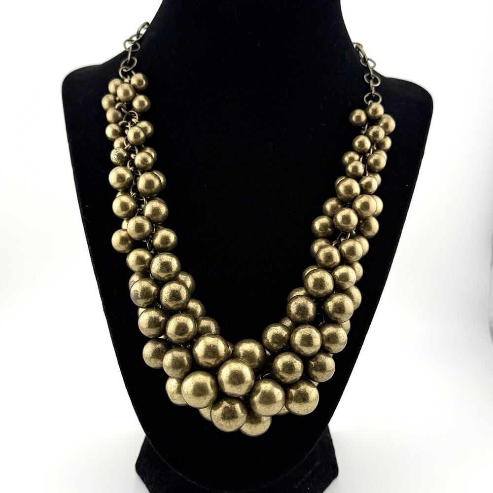 Chunky Antiqued Brass Tone Bead Cluster Necklace 24” Boho Statement